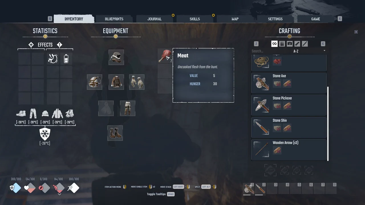 Inventory screen with raw Meat selected, its hunger and value tooltip shown next to the crafting list.