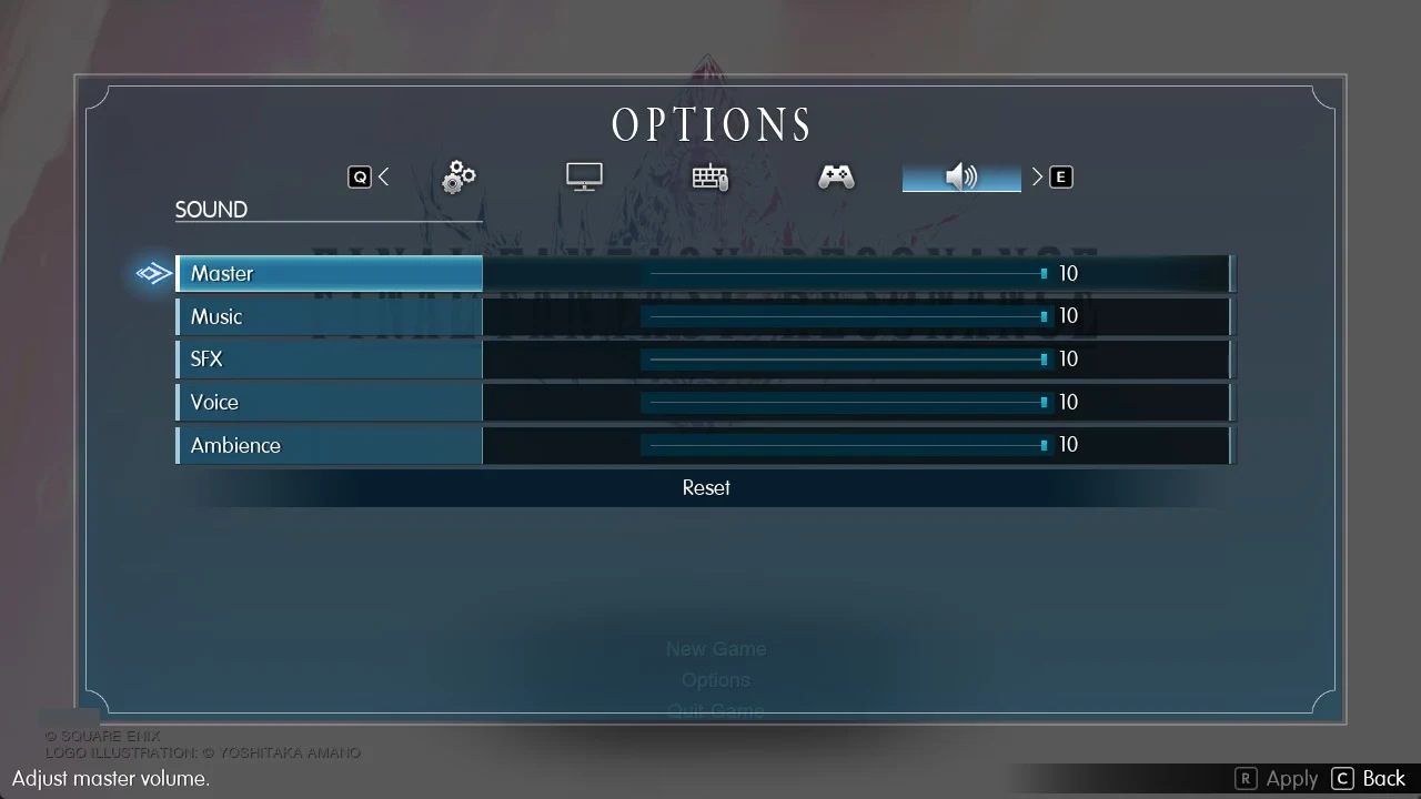 Sound tab with the Master volume slider selected at 10 above the other volume sliders