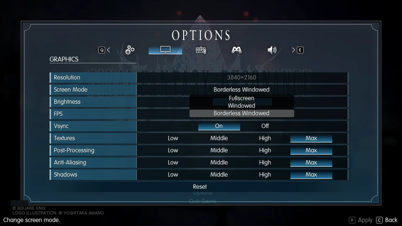 Graphics tab with the Screen Mode list open and Borderless Windowed highlighted