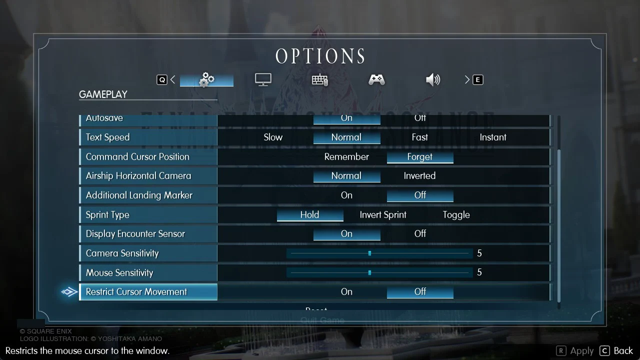 Lower Gameplay tab showing sensitivity sliders and Restrict Cursor Movement set to Off