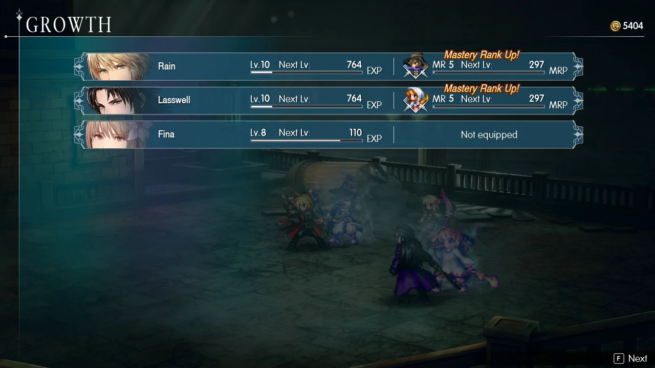 GROWTH screen listing Rain and Lasswell's experience gains and Mastery Rank Up notices after a fight