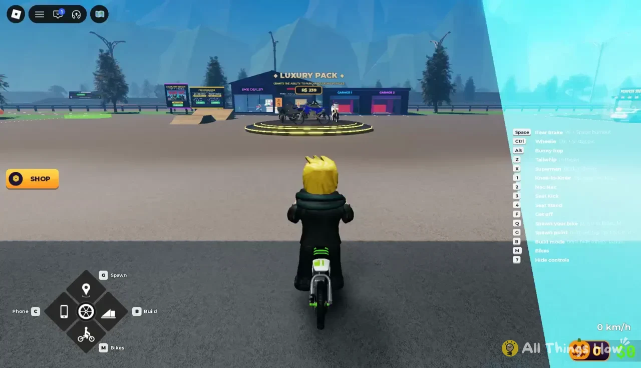Rider stopped on a bike at 0 km/h in front of the Luxury Pack display, controls guide on the right