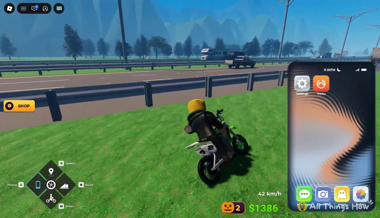 Phone home screen layered over the riding view with Settings and Tricks visible