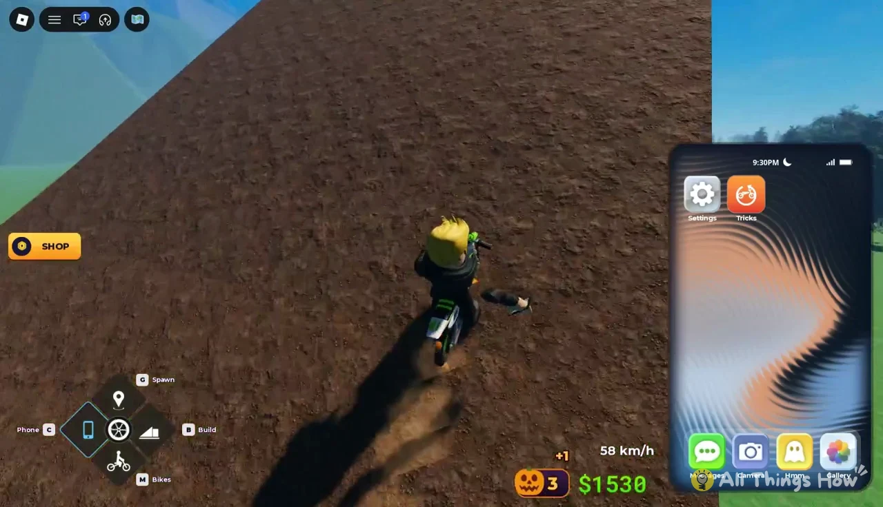 Phone home screen open with Settings and Tricks icons while riding through the field