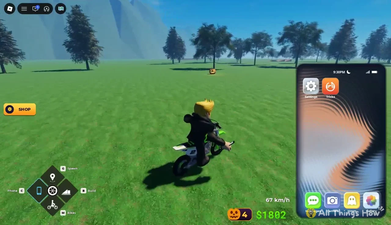 Phone open over the field riding view with Settings and Tricks icons on screen