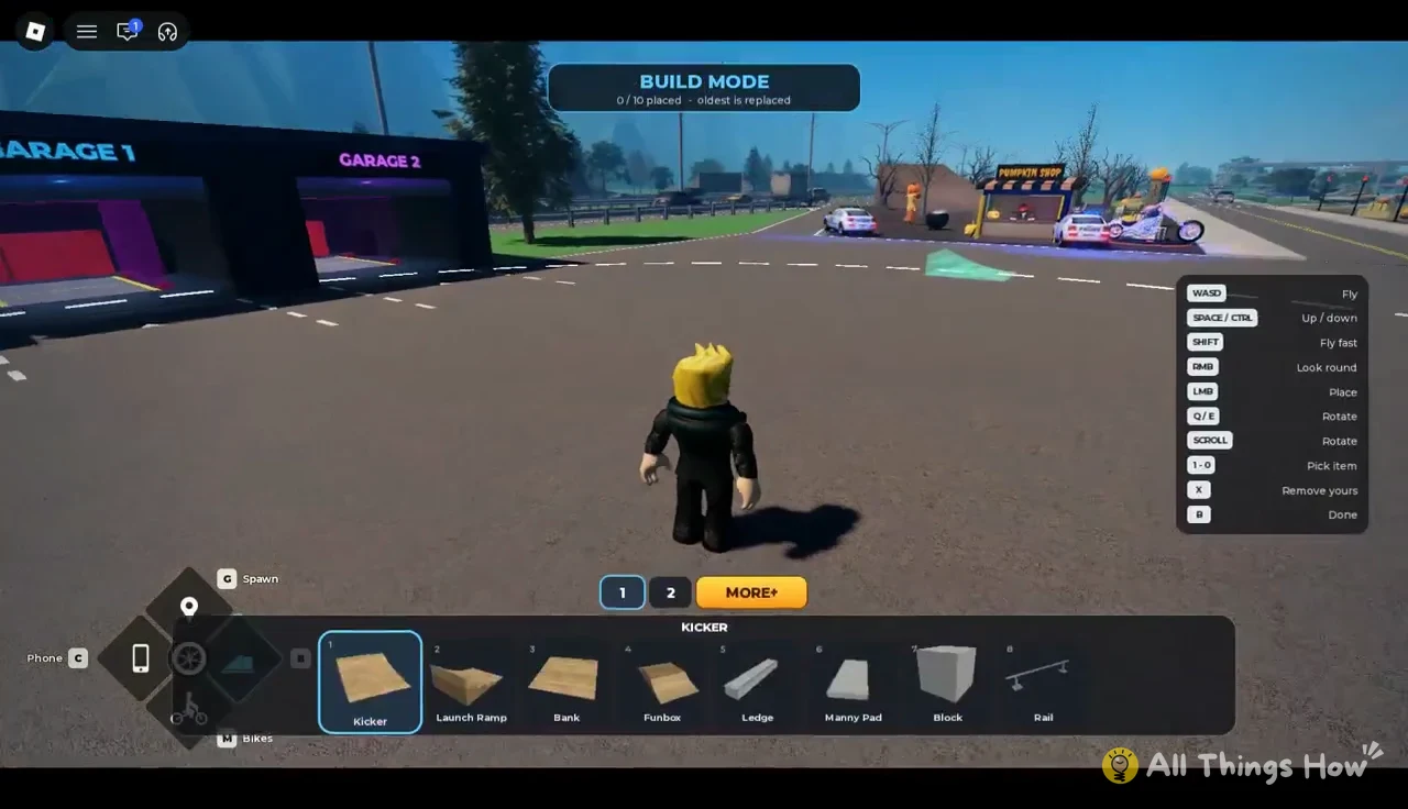 Build Mode item tray with Kicker highlighted for placement