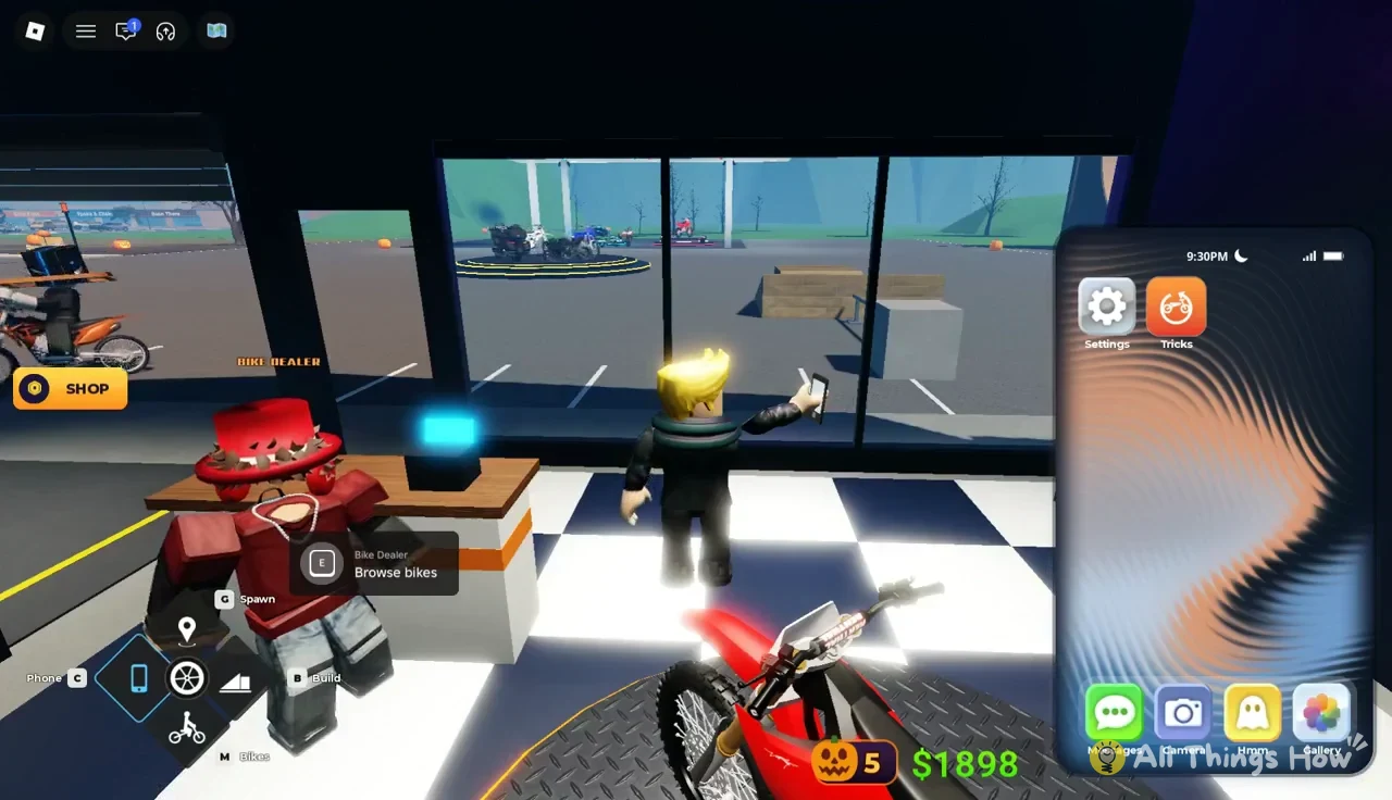 Phone menu with Settings and Tricks while standing at the Bike Dealer Browse bikes prompt