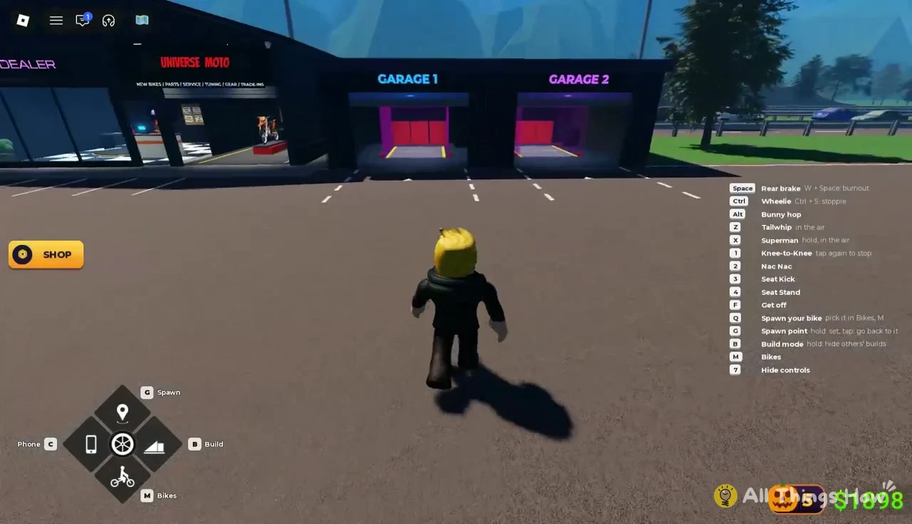 Avatar walking toward Garage 1 and Garage 2 at the Universe Moto dealership