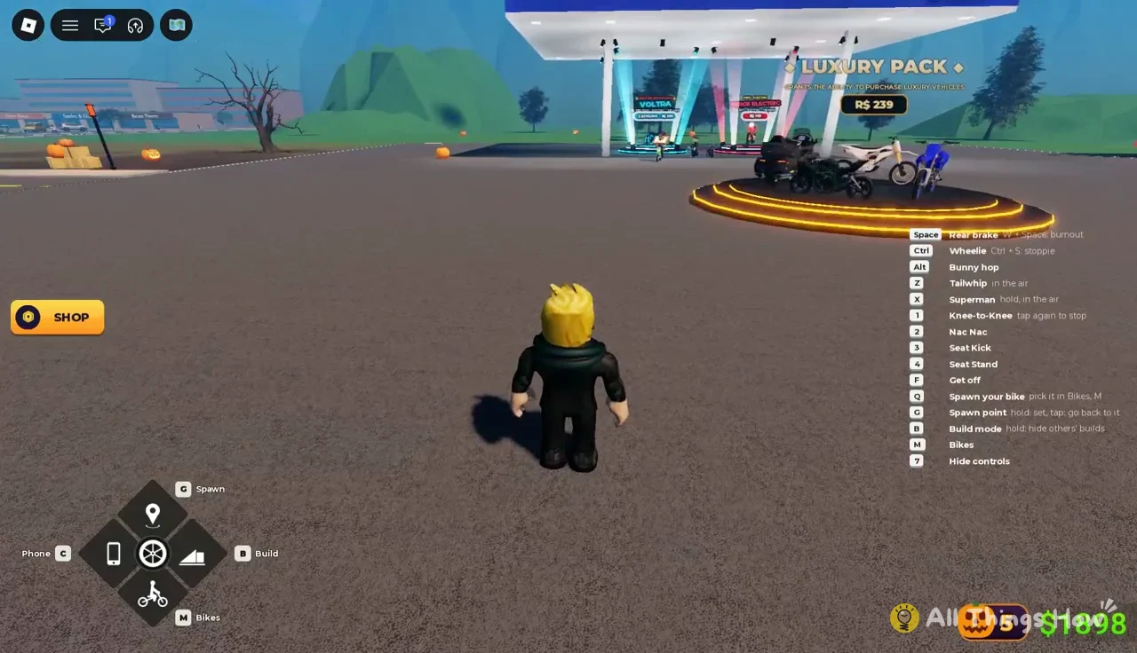 Avatar on foot at the Luxury Pack display with Bikes (M) in the bottom-left menu