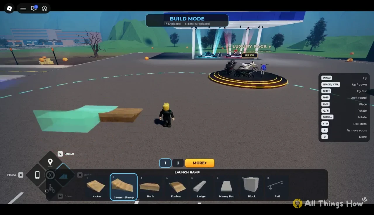 Launch Ramp selected in Build Mode with its placement preview on the pavement