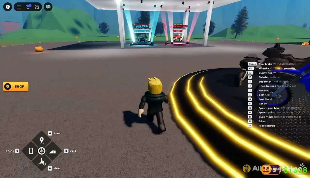 Avatar walking toward the Voltra and Electric bike display with the SHOP button visible