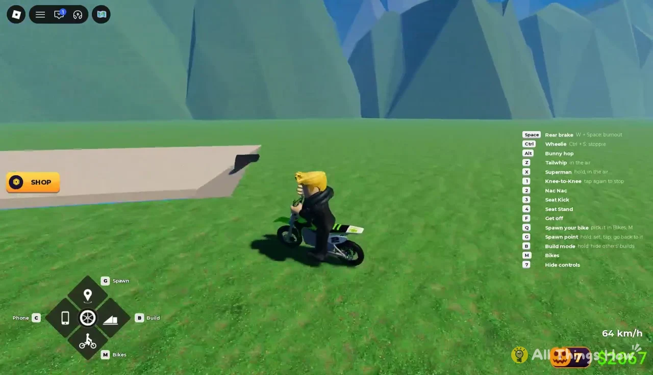 Bike crossing grass at 64 km/h with the Bikes, Spawn and Build buttons in the corner menu