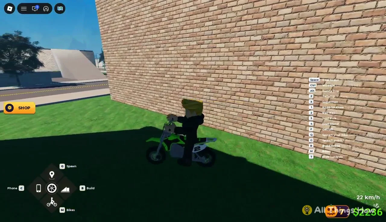 Rider moving along a brick wall at 22 km/h on a narrow stretch
