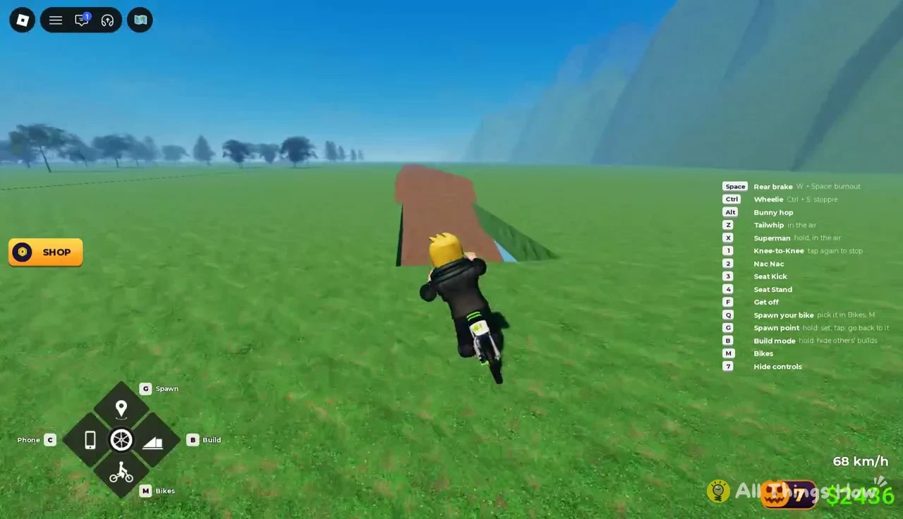 Rider heading toward a dirt ramp at 68 km/h with bike and trick controls displayed