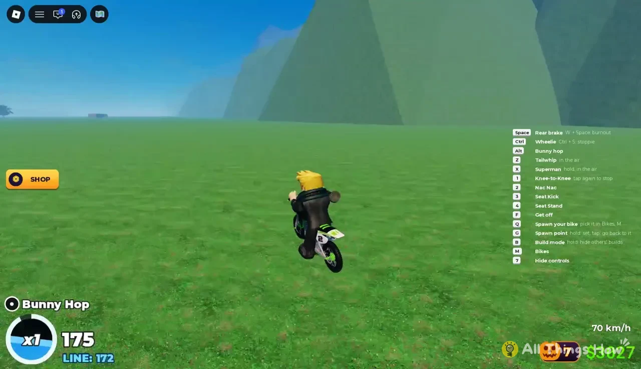 Rider doing a Bunny Hop on grass as the trick score builds