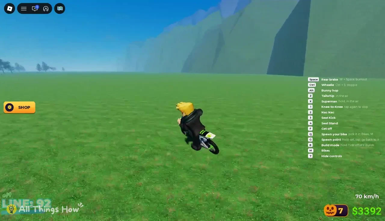 Rider steering across grassy terrain while the controls list shows trick keys