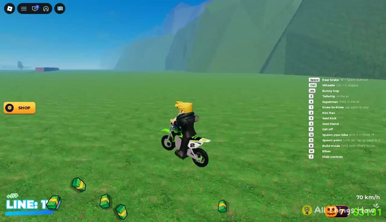 Dirt bike in the air mid bunny hop with the trick list on the right side of the screen