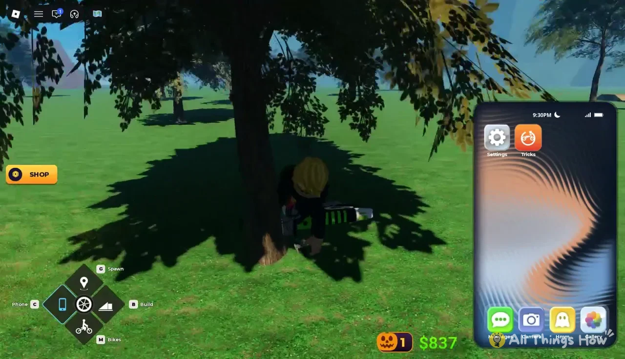 Phone menu open with Settings and Tricks apps as the player browses phone options