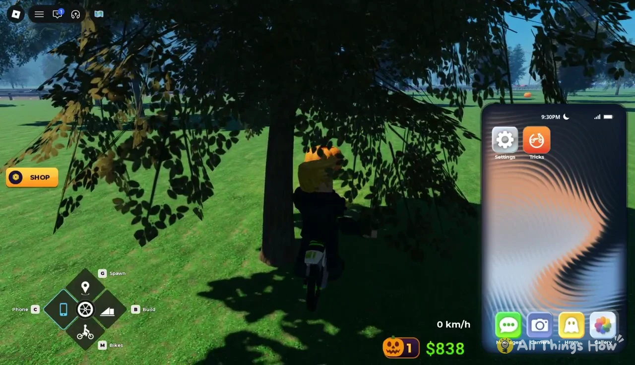 Phone home screen with Settings and Tricks icons while standing near a bike