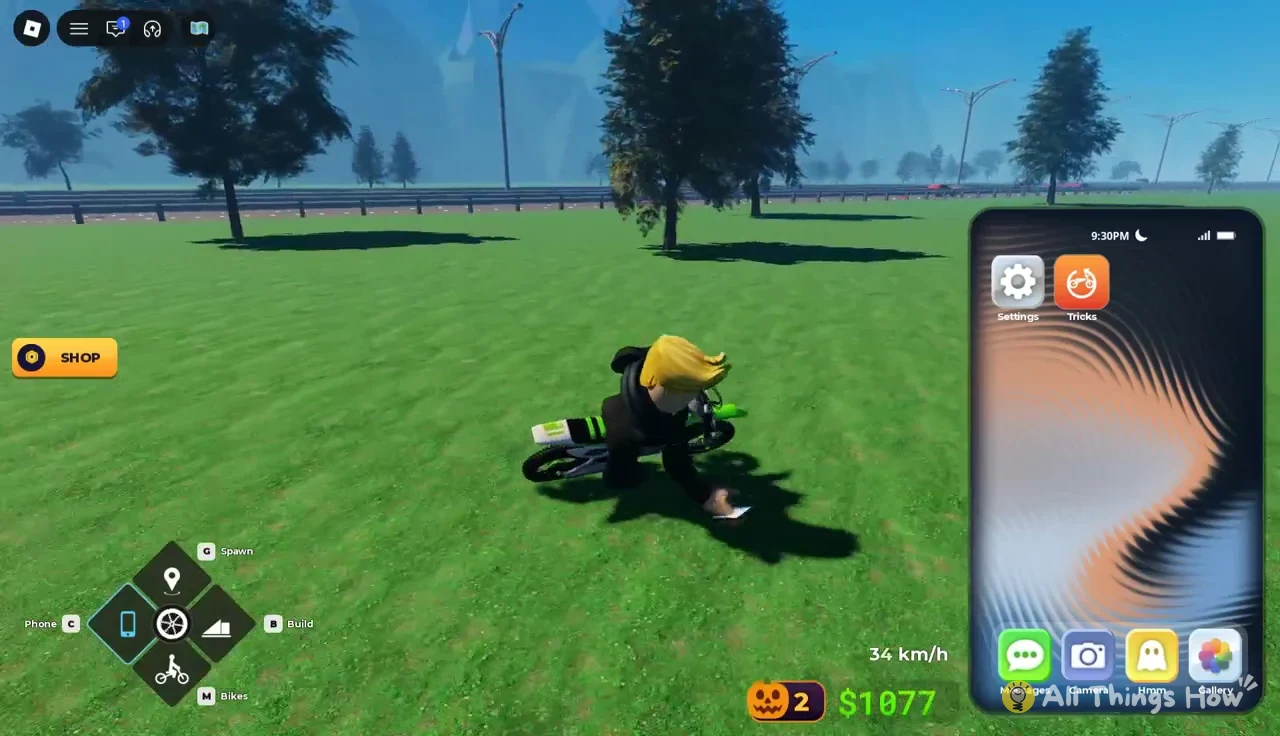 Phone home screen open while riding, with Settings and Tricks ready to select
