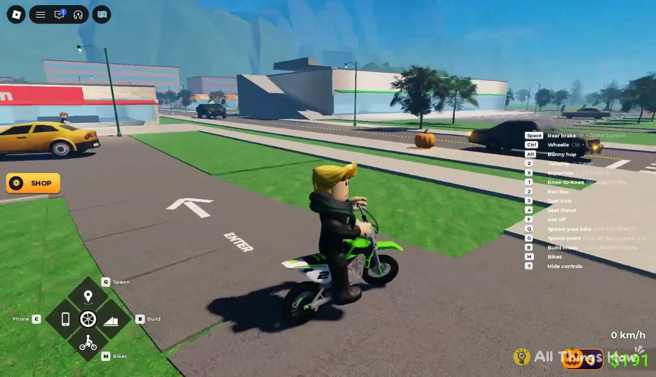Avatar stopped on a green dirt bike while the controls list highlights the 1 key for Knee-to-Knee