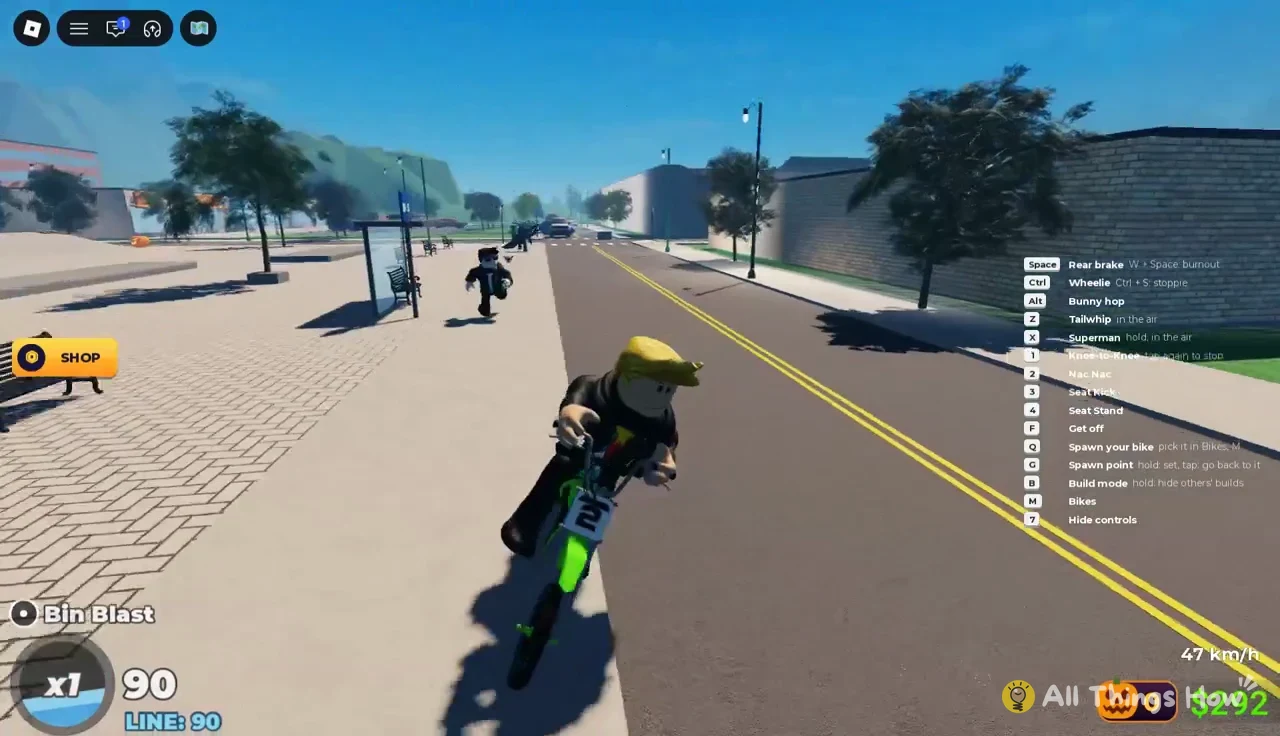 Rider steering down the road after a Bin Blast with the controls overlay and speed readout visible