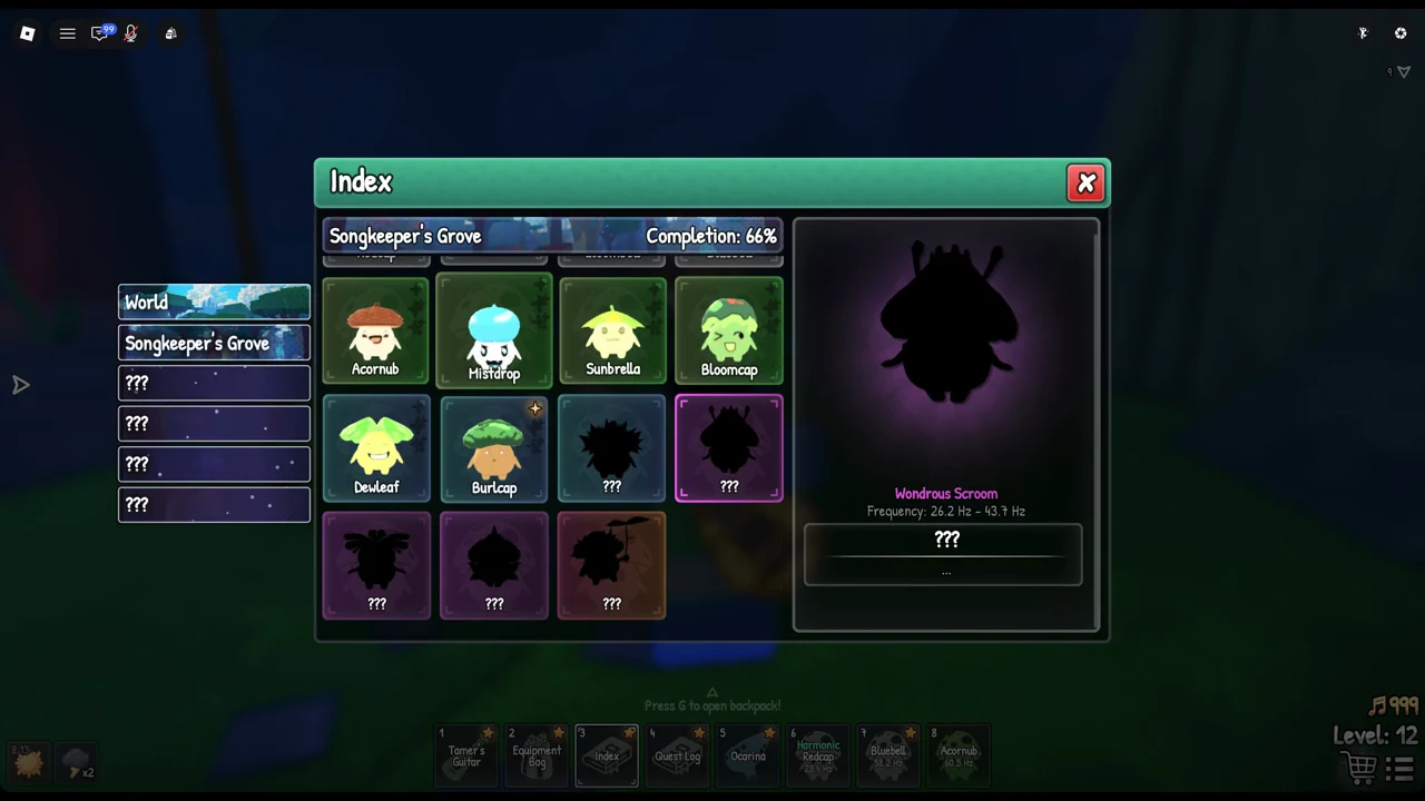 Index showing a locked Wondrous Scroom silhouette and its frequency range in Songkeeper's Grove