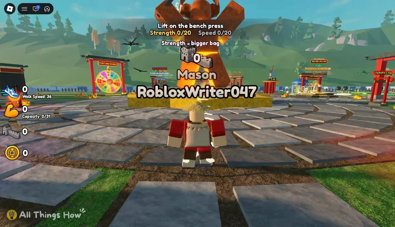 Mason avatar in the gym plaza with the bench press objective showing Strength 0/20 and Speed 0/20