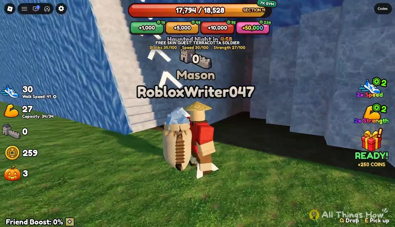 Player approaching the Terracotta Soldier quest figure with the E Pick up prompt visible