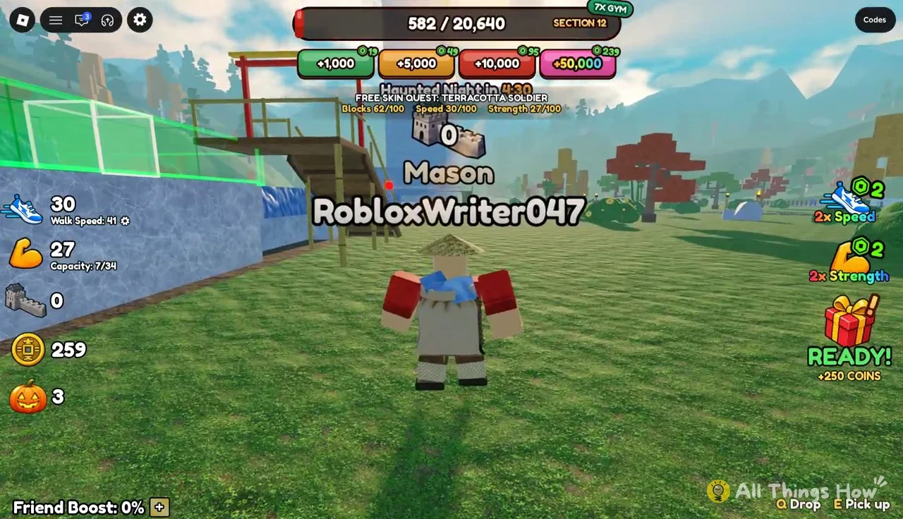 Avatar crossing water in Section 10 with Q Drop and E Pick up controls on screen