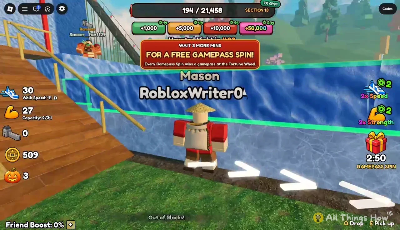 Mason avatar beside a blue wall with white route arrows and an Out of Blocks status
