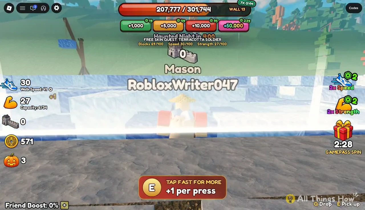 Mason avatar tapping the E prompt repeatedly, adding one block per press