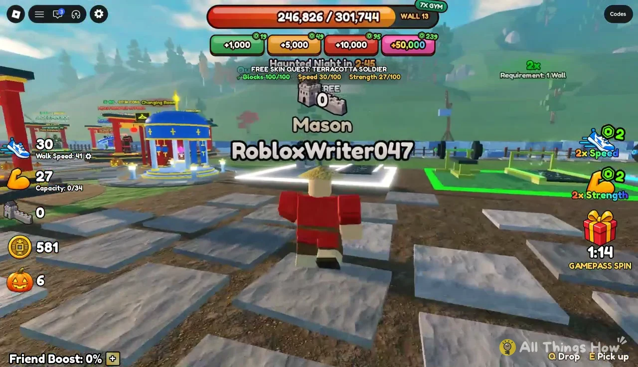 Avatar walking across the gym training area while Wall 13 progress reads 246,826/301,744