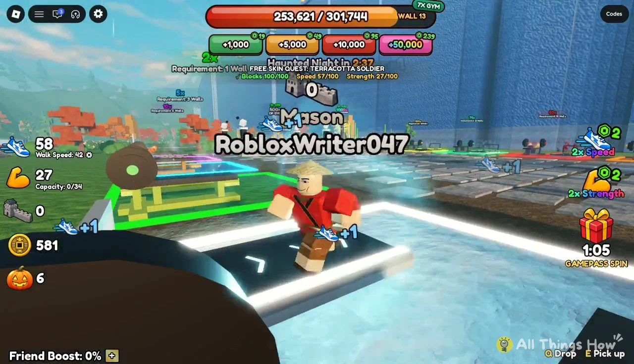 Avatar running across a glowing floor pad and gaining +1 Walk Speed