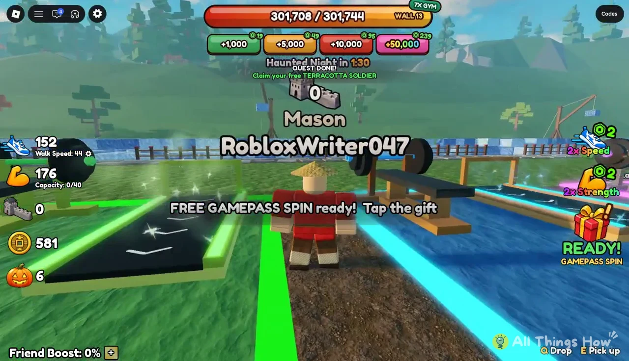 READY! GAMEPASS SPIN gift button prompting the player to tap for a free spin