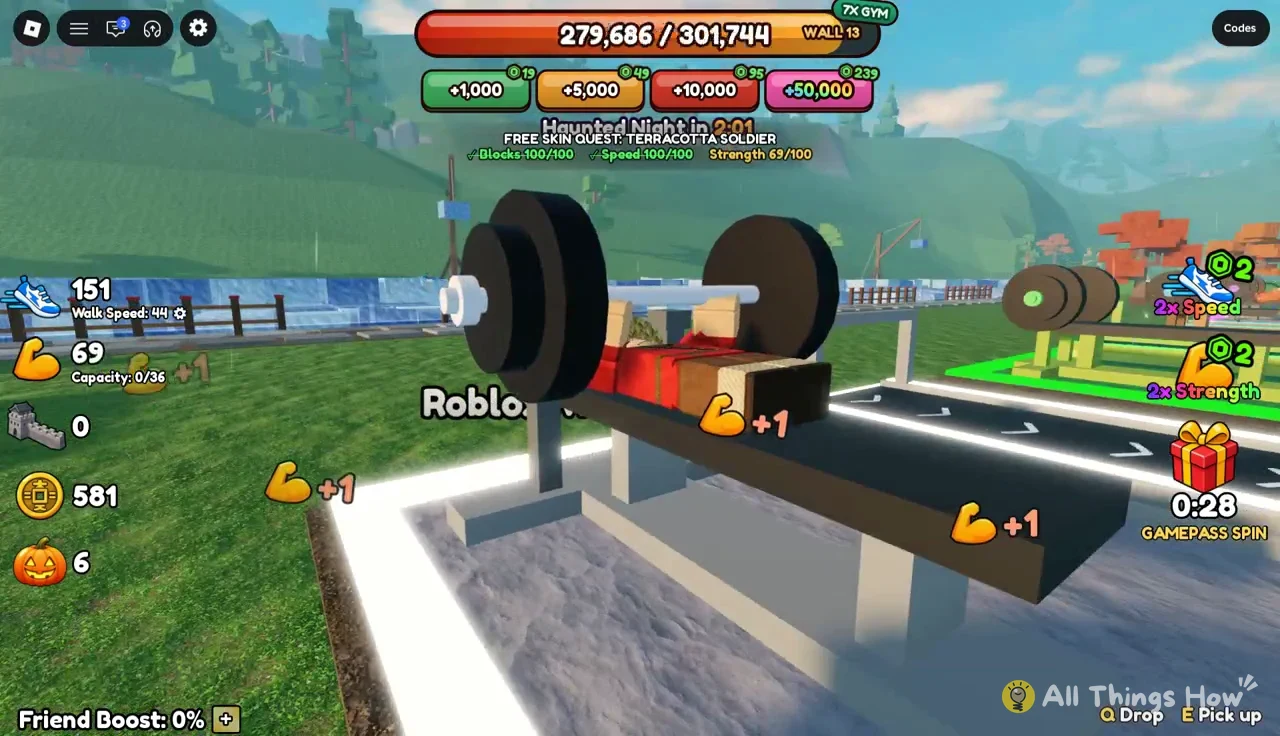 Avatar bench-pressing a barbell and gaining +1 Strength
