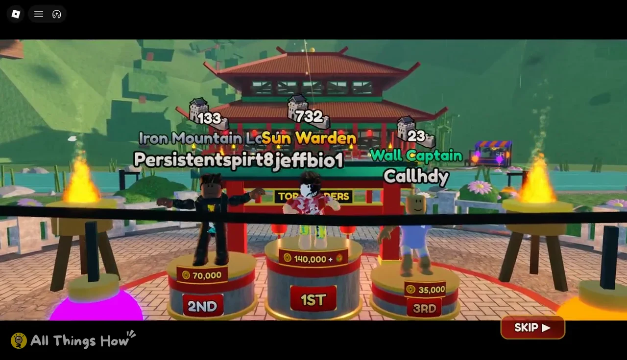 TOP PLAYERS podium screen showing 1st to 3rd place rewards with a Skip button