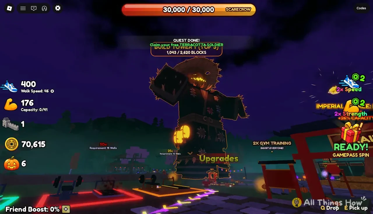 Quest Done banner offering a free Terracotta Soldier, with progress at 1,043 of 2,620 blocks