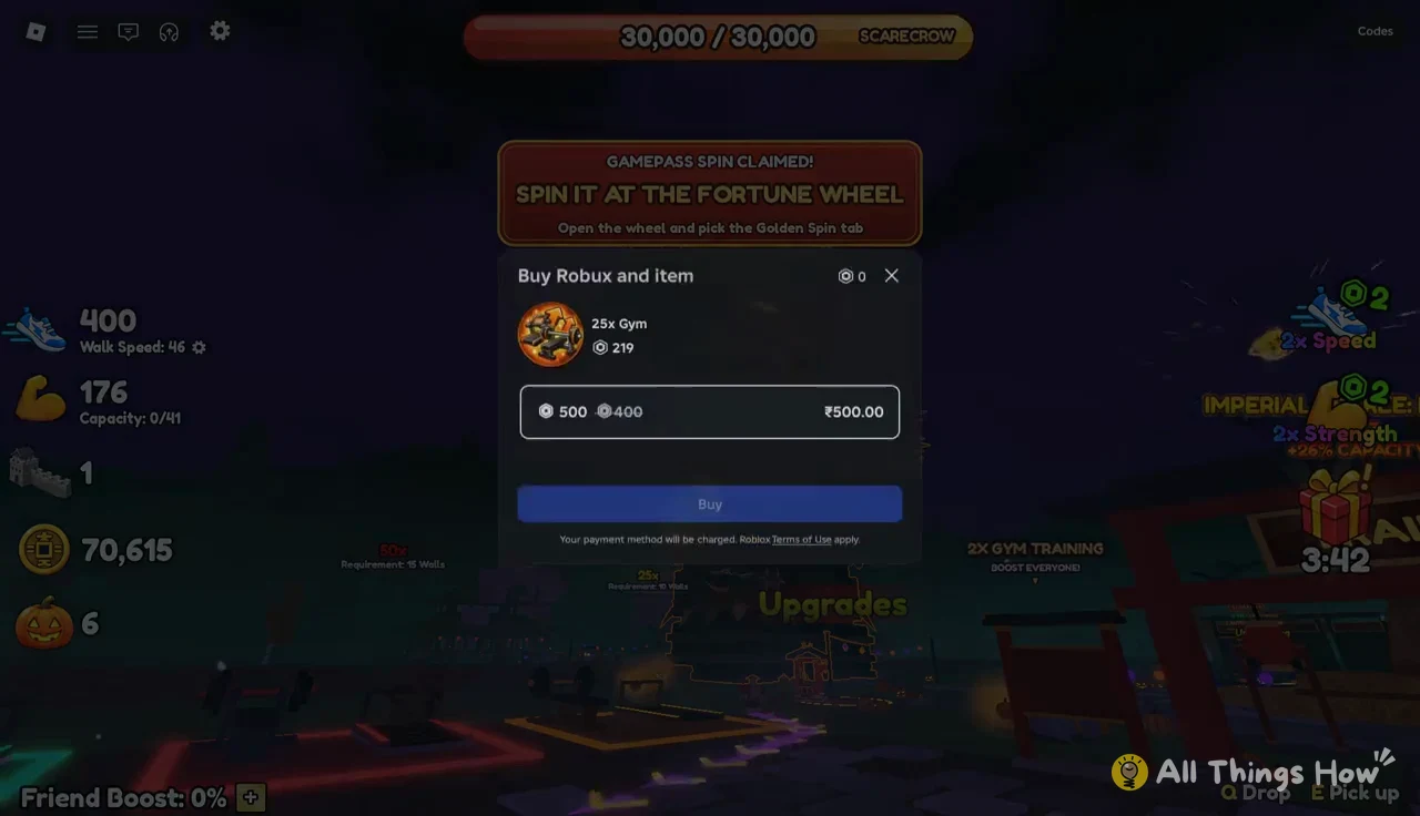 Buy Robux and item dialog for the 25x Gym showing a ₹500.00 price and a Buy button