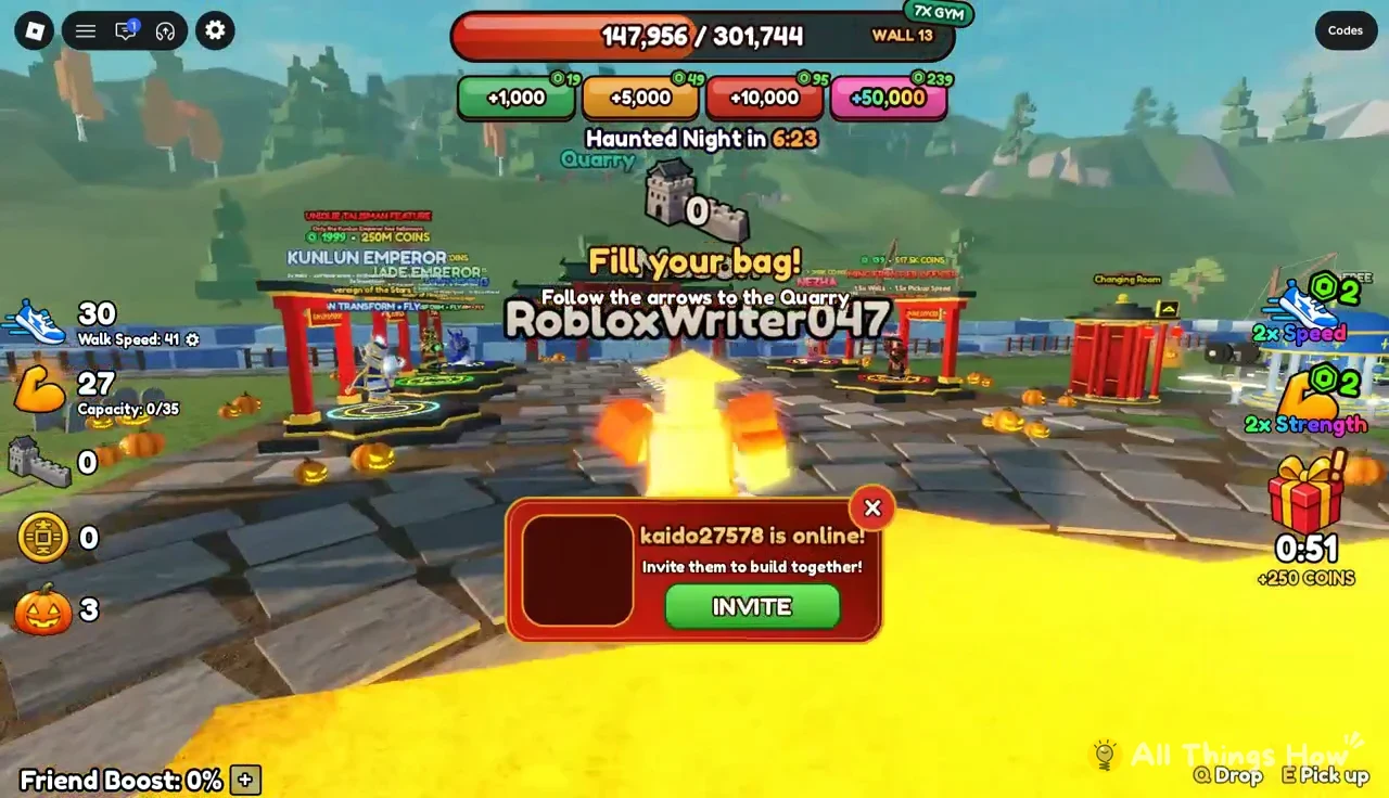 Popup saying a friend is online with a green INVITE button to build together