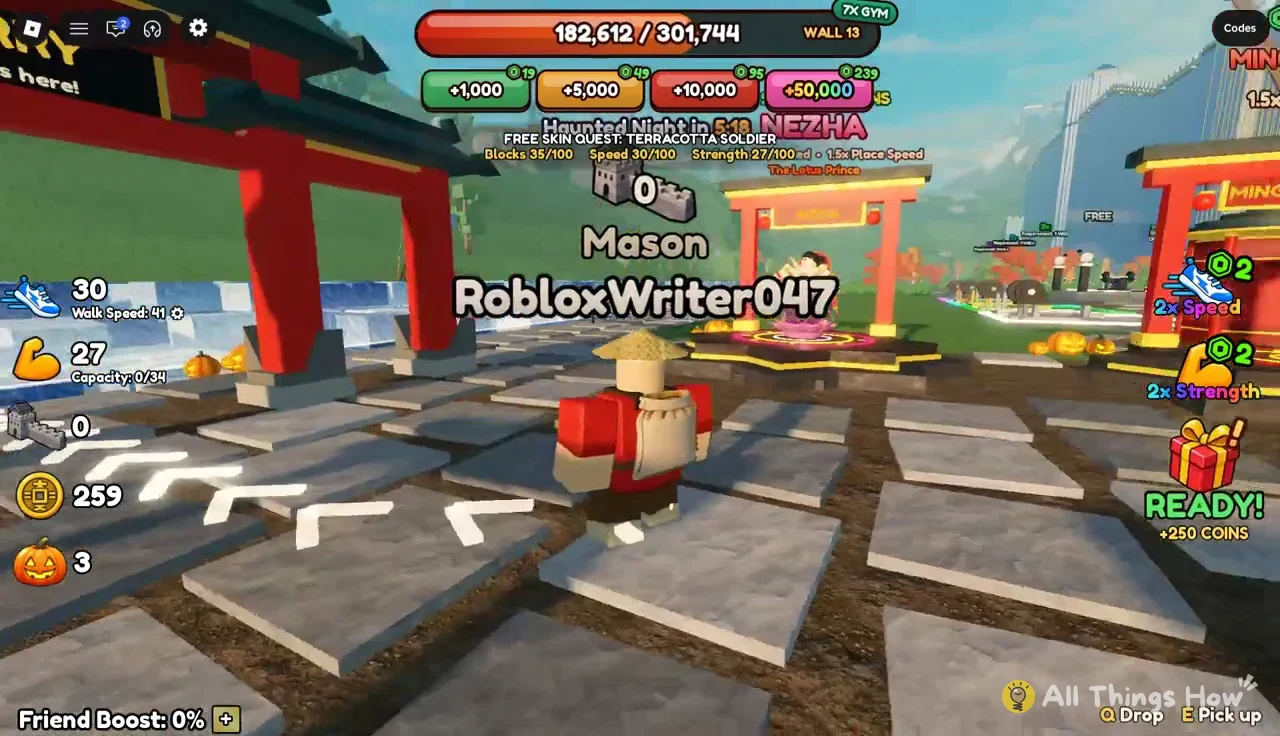 Player carrying a block through the green build area with Q Drop and E Pick up prompts