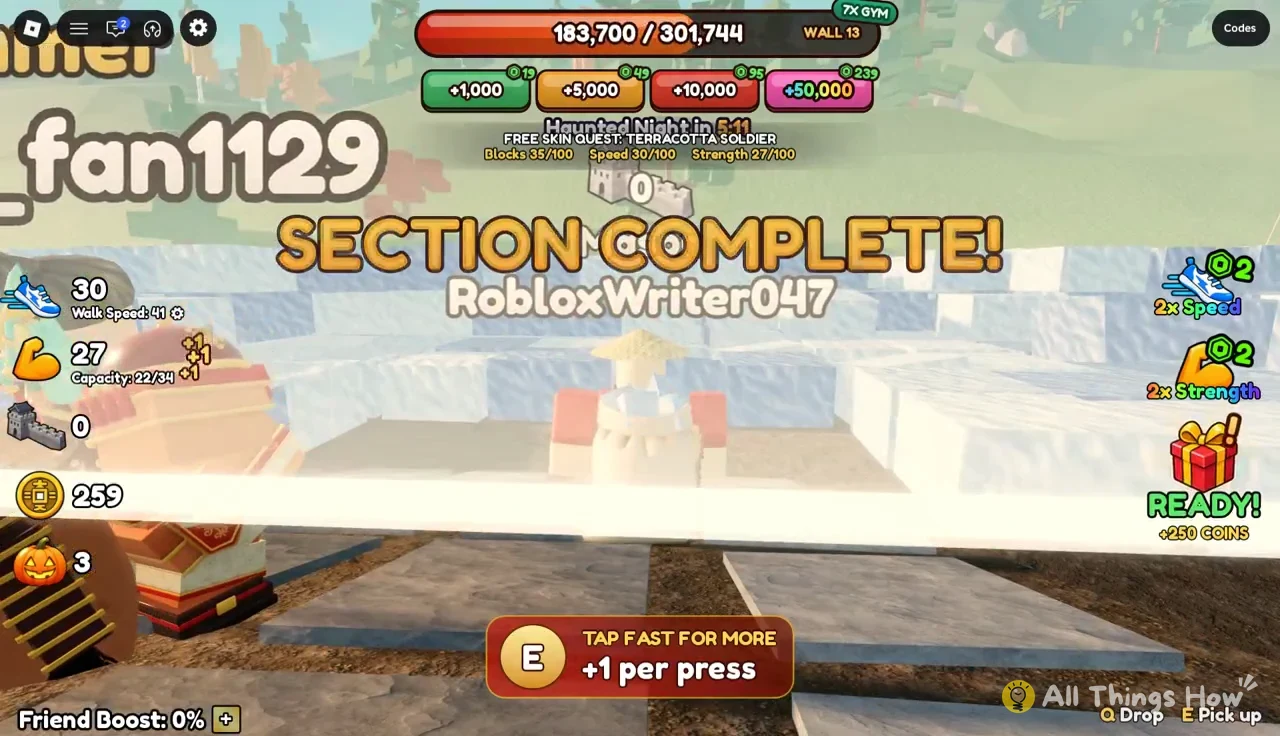SECTION COMPLETE banner at Wall 13 while the player taps E for +1 per press