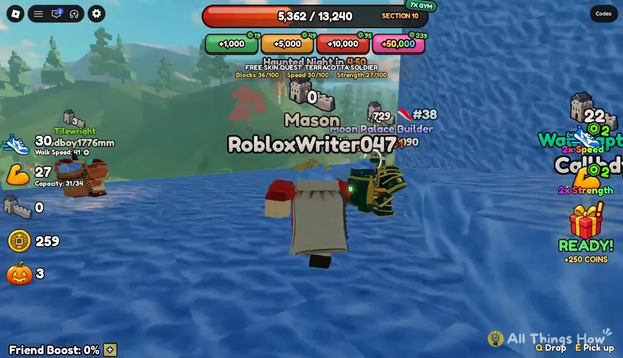 In Roblox gameplay, the player approaches the Terracotta Soldier quest character while the “E Pick up” prompt is visible