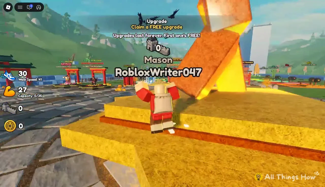 Avatar beside the upgrade station with a prompt to claim a free permanent upgrade