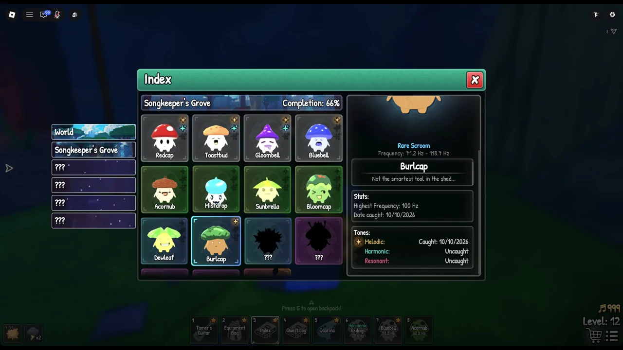 Index open to Songkeeper's Grove with Burlcap selected, showing Rare rarity and frequency range