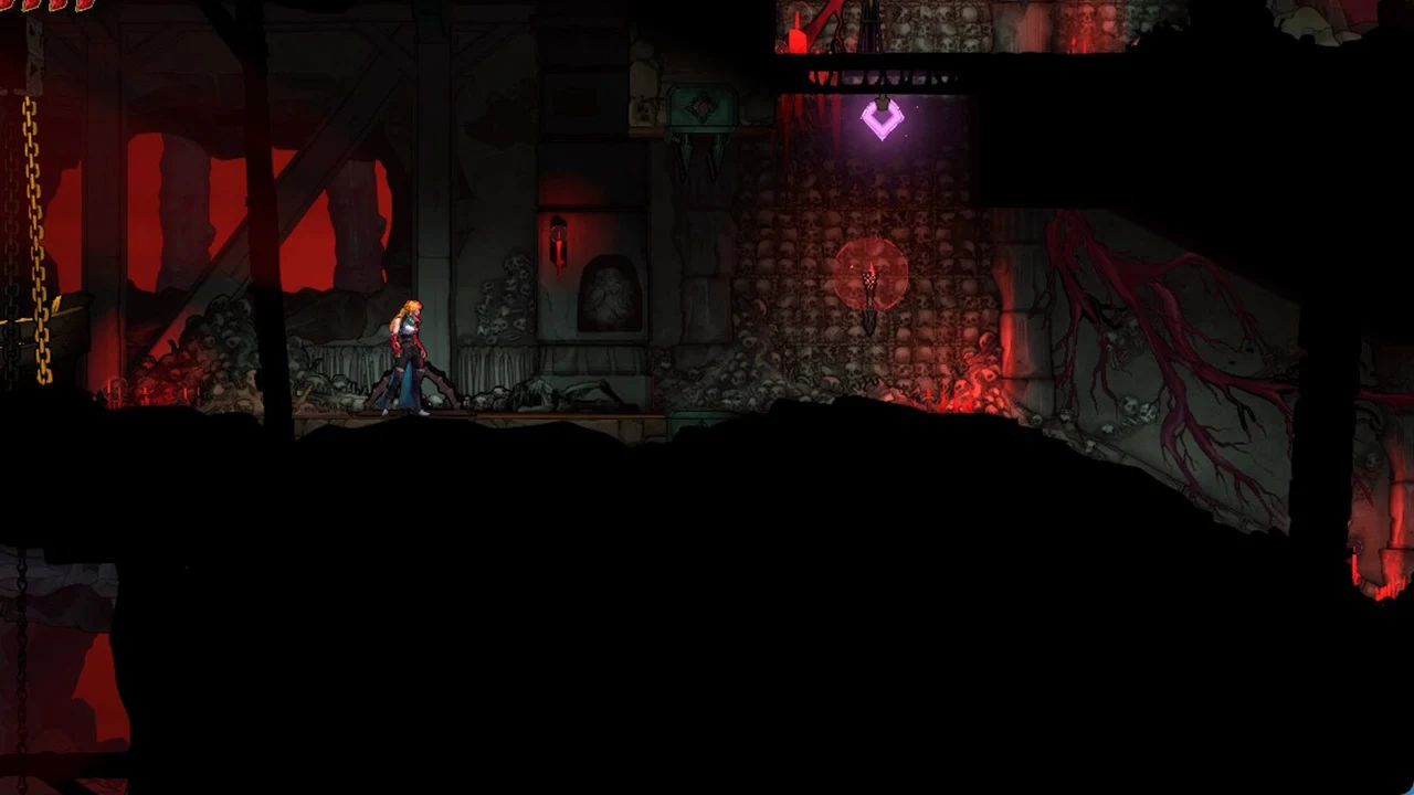 Rose in the dark mine at the bottom of the Quarry Elevator, a purple marker above her