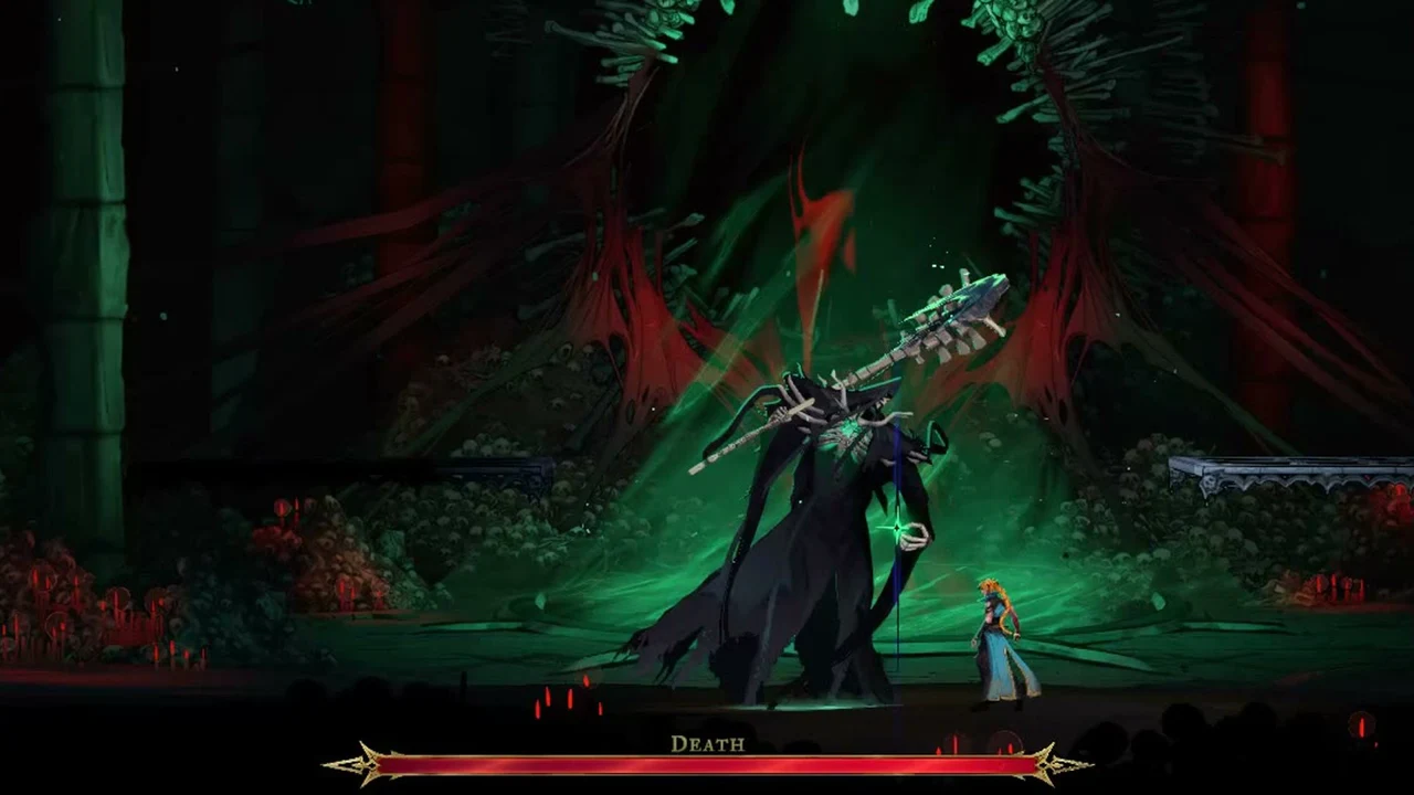 Rose facing Death in the Altar of Bones with the DEATH health bar along the bottom