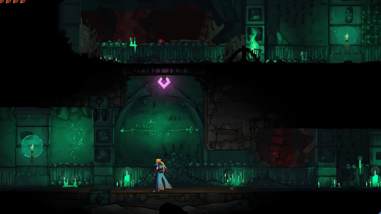Rose crossing the green-lit underground chamber toward the gate on the left