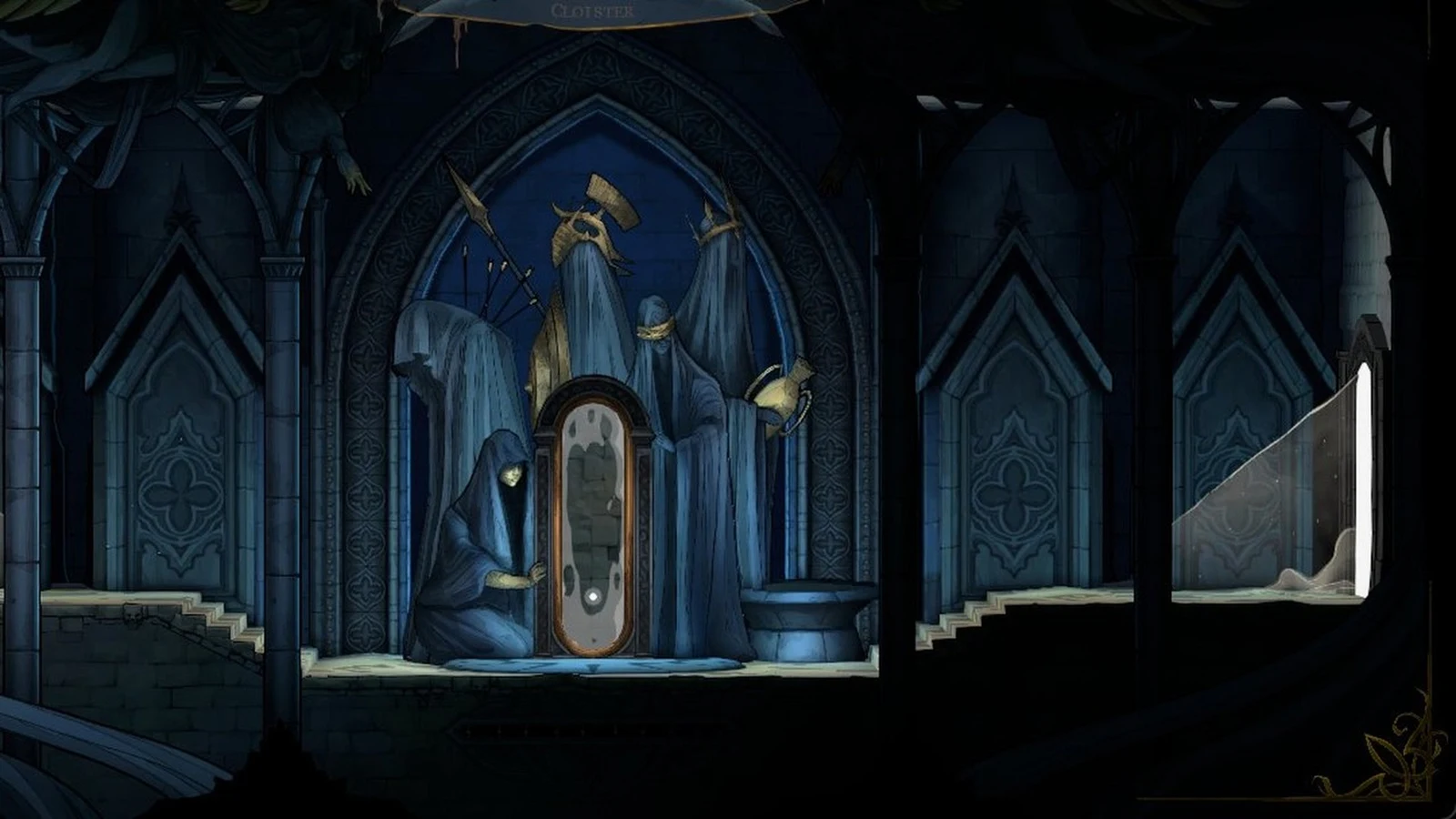 A blue-lit gothic hall with a hooded figure kneeling at an oval mirror, surrounded by veiled statues beneath a large pointed arch.