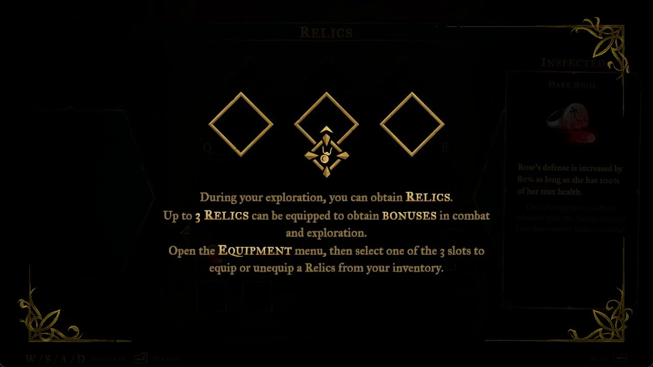 Dim Relics tutorial overlay with three empty slots and text explaining how to equip relics, with the Dark Sigil inspected at right.